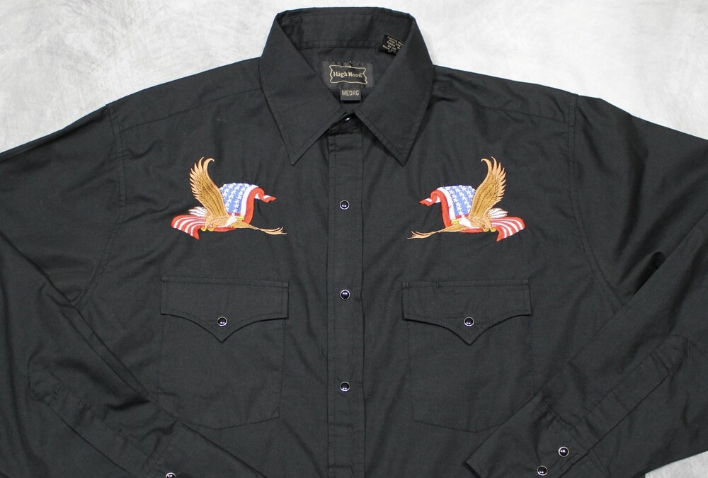 High Noon Western Pearl Snap Long Sleeve Shirt Mens Medium Black Eagles USA Flag